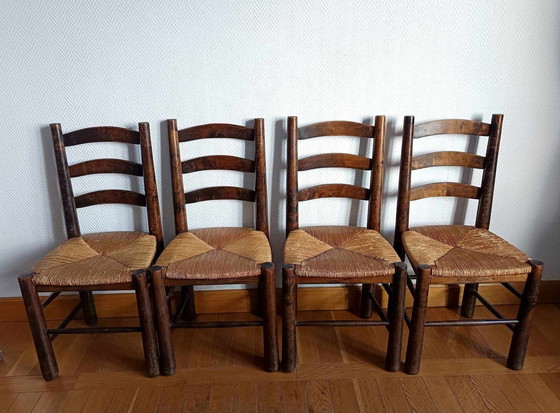 Image 1 of 4X Chaises Brutalistes Paillées Georges Robert 1950