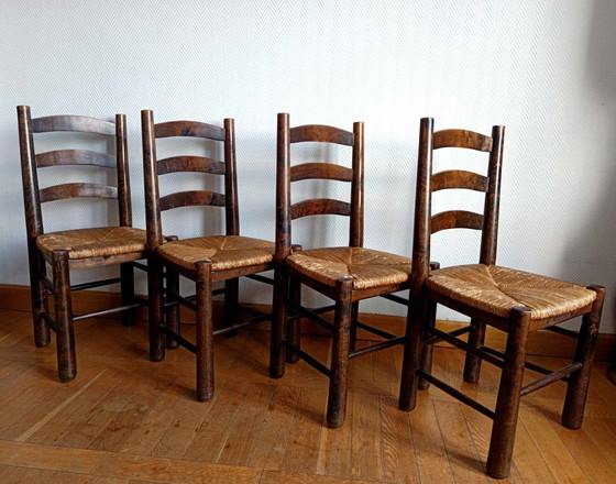 Image 1 of 4X Chaises Brutalistes Paillées Georges Robert 1950