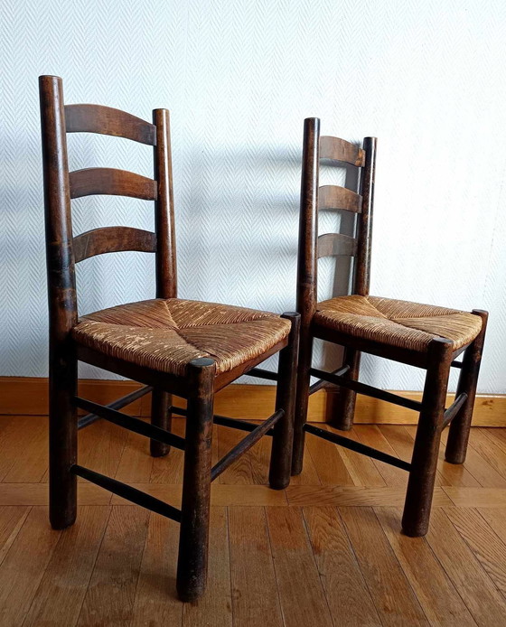 Image 1 of 4X Chaises Brutalistes Paillées Georges Robert 1950