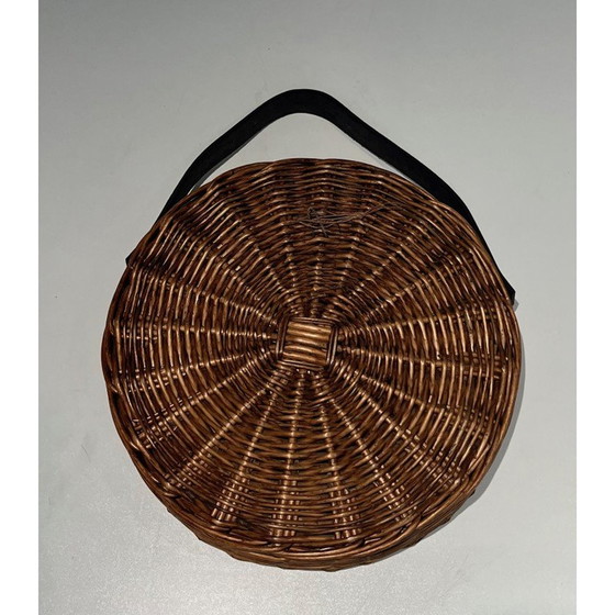 Image 1 of Miroir rond vintage en cuir et rotin, 1950