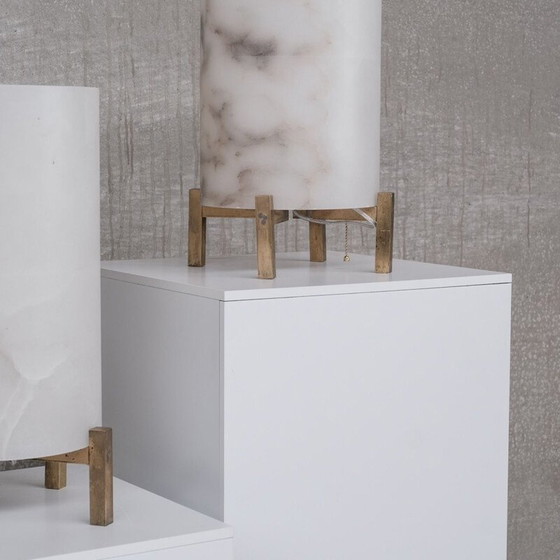 Image 1 of Paire de lampes de table vintage en laiton et albâtre, France 1980