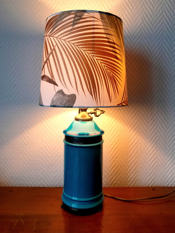 Image 1 of Lampe En Céramique Bleu Pieds Griffes Abat-Jour Jungle