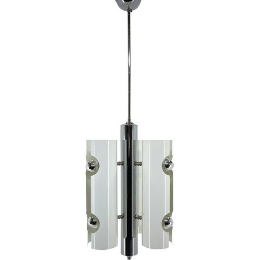 Lampe suspendue vintage en métal chromé et laqué blanc, Italie 1970