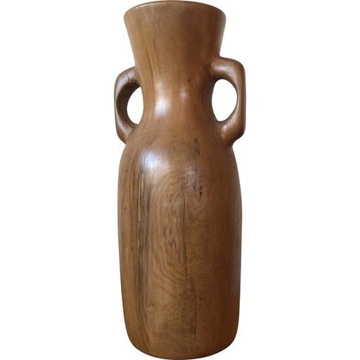 Vase floral vintage avec poignées en bois d'olivier