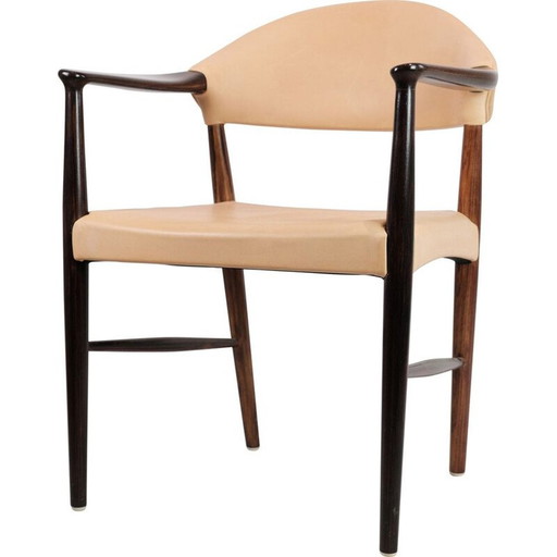Fauteuil de bureau vintage en palissandre et cuir naturel clair par Kurt Olsen, 1960s
