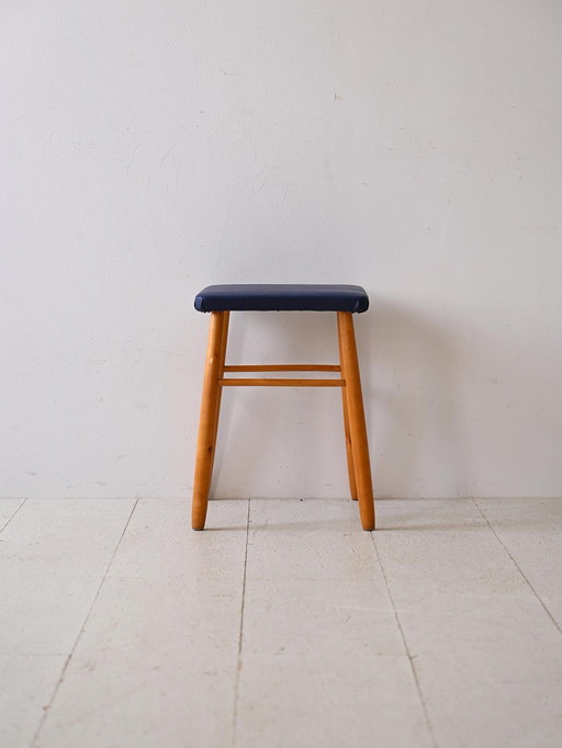 Tabouret Retro Vintage en bois avec assise en simili cuir bleu foncé
