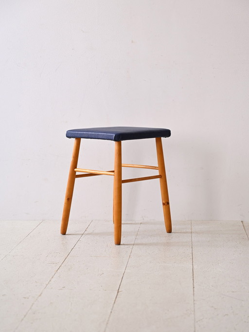 Tabouret Retro Vintage en bois avec assise en simili cuir bleu foncé