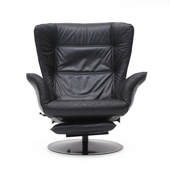 Image 1 of Paire de fauteuils inclinables vintage en métal et cuir noir, Italie 1970