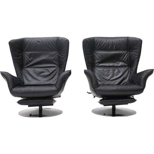 Paire de fauteuils inclinables vintage en métal et cuir noir, Italie 1970