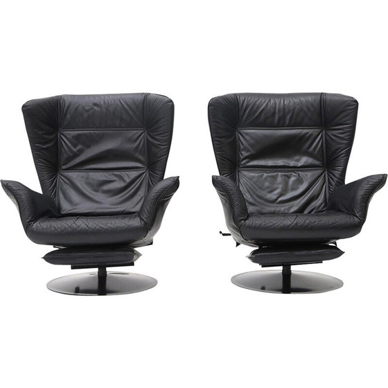 Image 1 of Paire de fauteuils inclinables vintage en métal et cuir noir, Italie 1970