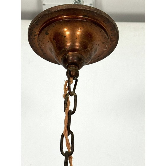 Image 1 of Lustre industriel vintage en cuivre et verre de lait, Italie 1950