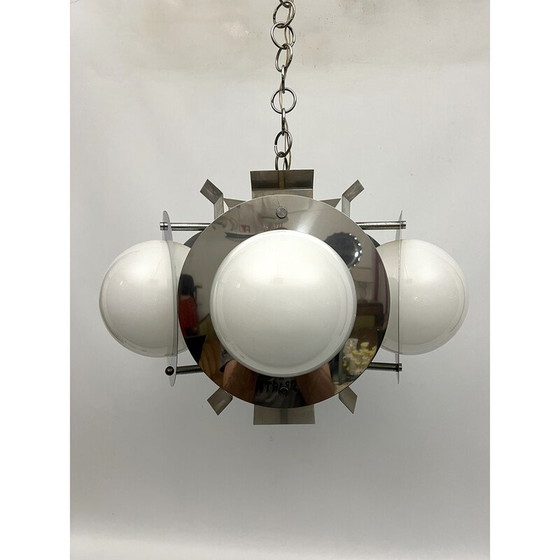 Image 1 of Lustre vintage en chrome et verre blanc, Italie 1970