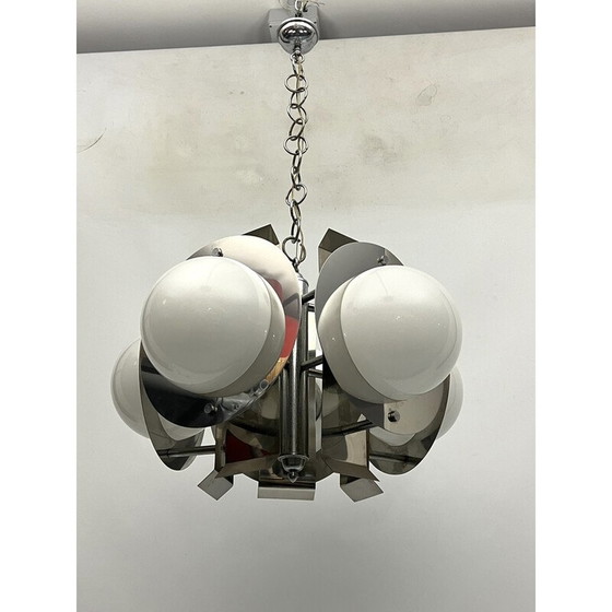 Image 1 of Lustre vintage en chrome et verre blanc, Italie 1970