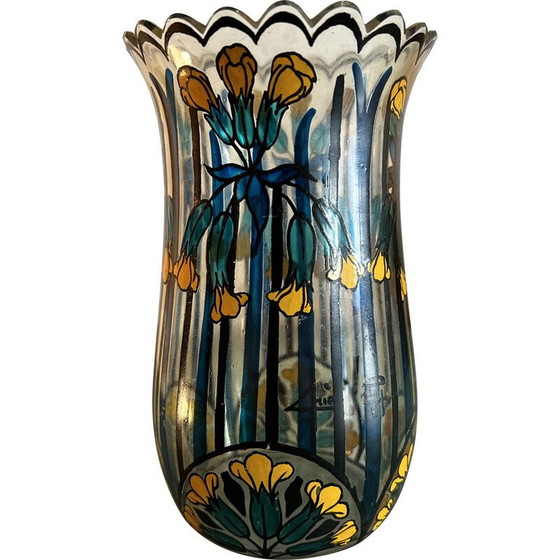 Image 1 of Vase vintage Art Déco avec fleurs bleues et jaunes