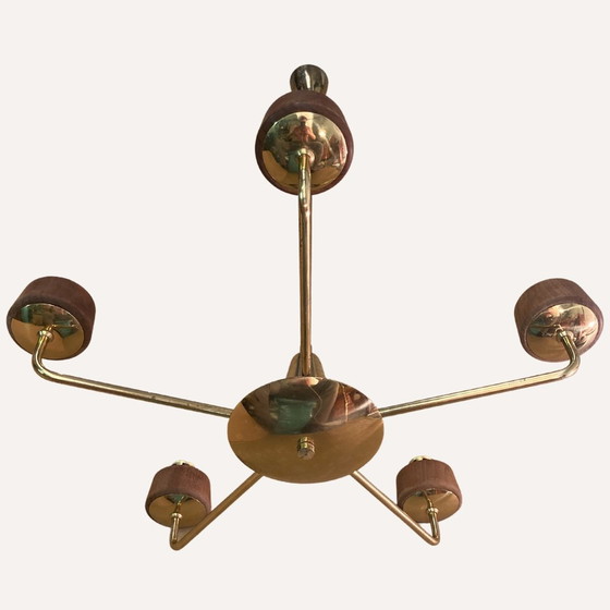 Image 1 of Lustre en teck, laiton et opaline de Rupert Nikoll, Autriche, années 1950