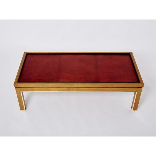 Table basse vintage en chêne, laiton et cuir par Alberto Pinto, 1990