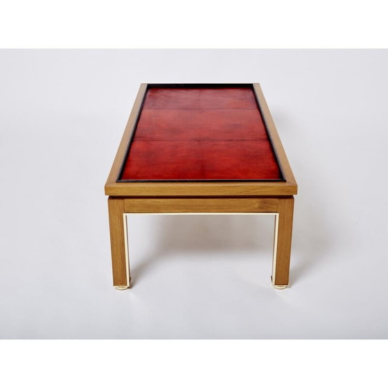 Image 1 of Table basse vintage en chêne, laiton et cuir par Alberto Pinto, 1990