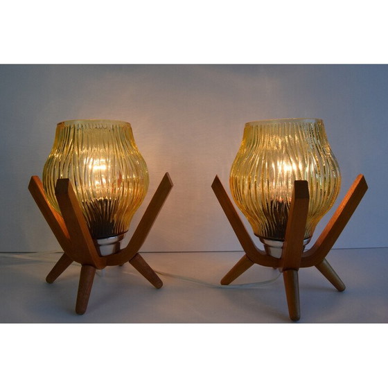 Image 1 of Paire de lampes de table vintage en verre et bois par Dřevo Humpolec, 1970