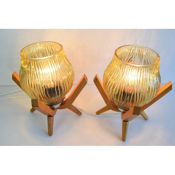 Image 1 of Paire de lampes de table vintage en verre et bois par Dřevo Humpolec, 1970