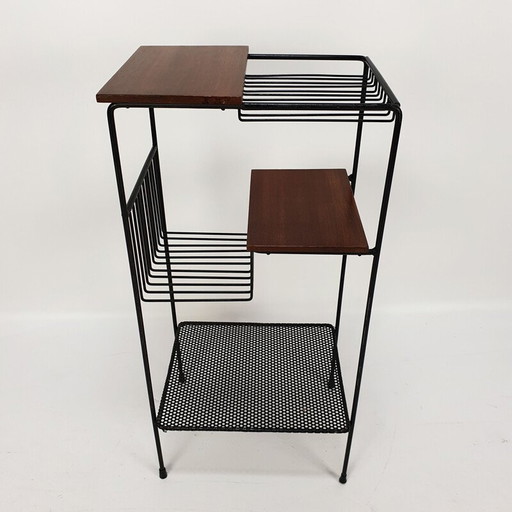 Etagère de rangement vintage en teck et métal, Italie 1950