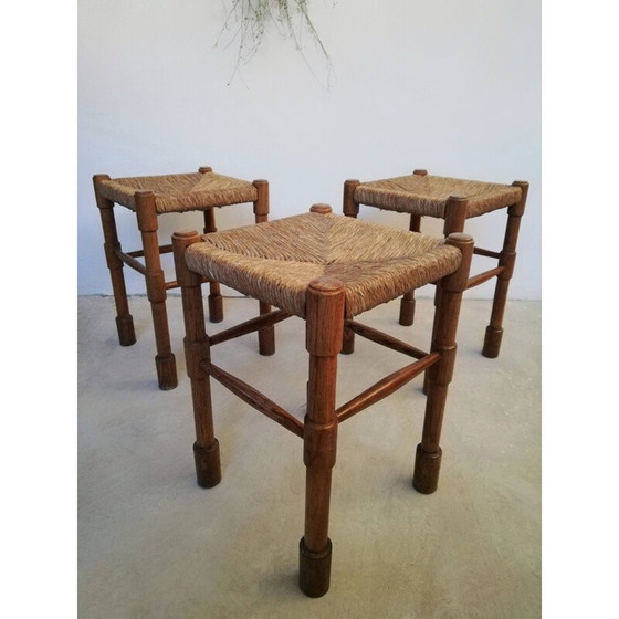 Image 1 of Tabouret rustique vintage en bois et paille par Abruzzo, Italie