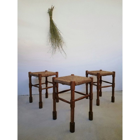 Image 1 of Tabouret rustique vintage en bois et paille par Abruzzo, Italie