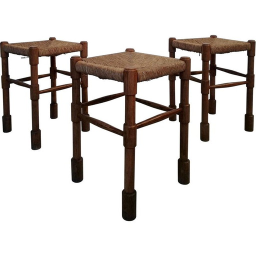 Tabouret rustique vintage en bois et paille par Abruzzo, Italie