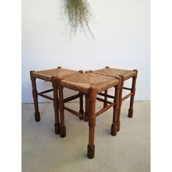 Image 1 of Tabouret rustique vintage en bois et paille par Abruzzo, Italie
