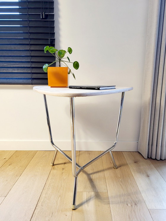 Image 1 of Table d'appoint tripode avec plateau en chrome et bois, années 1960