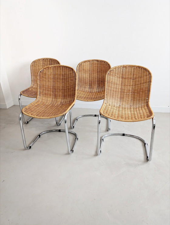 Image 1 of 4x Chaises de salle à manger italiennes en chrome et osier 1970's