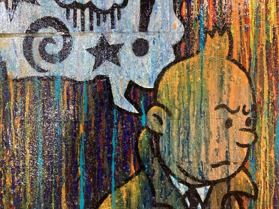 Image 1 of Grande peinture acrylique sur bois Tintin sous la pluie