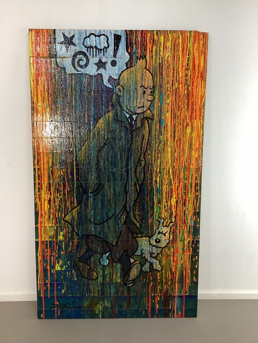 Grande peinture acrylique sur bois Tintin sous la pluie