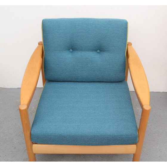 Image 1 of Fauteuil vintage en bois massif et tissu bleu et vert, 1960