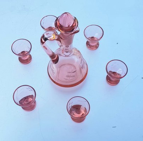 Image 1 of Art Nouveau Carafe à décanter en cristal rose avec 6 verres, 1910S, Set Of 7