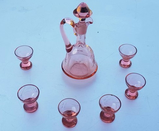 Art Nouveau Carafe à décanter en cristal rose avec 6 verres, 1910S, Set Of 7