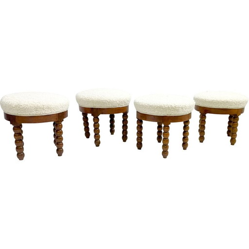 Tabouret du milieu du siècle en bois de chêne et tissu bouclé blanc, années 1970.
