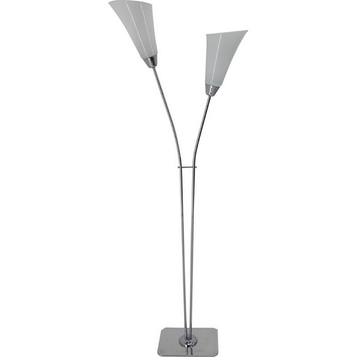 Lampadaire Art Déco vintage avec deux abat-jours en verre opalin, années 1940