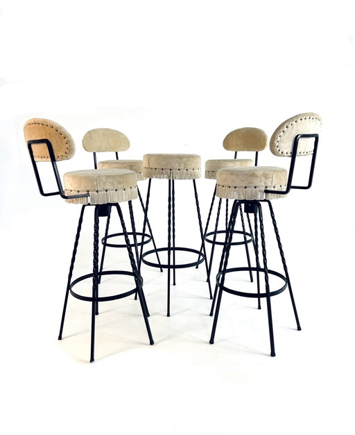 5X Tabouret de bar en fer forgé et velours