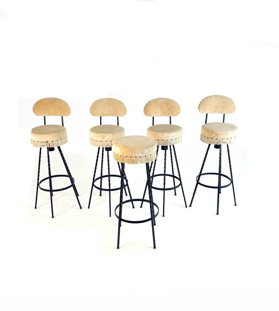 Image 1 of 5X Tabouret de bar en fer forgé et velours