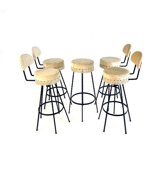 Image 1 of 5X Tabouret de bar en fer forgé et velours