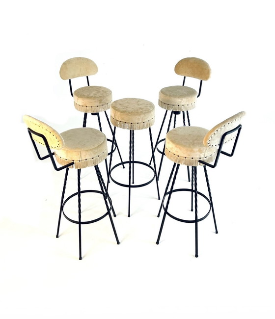 Image 1 of 5X Tabouret de bar en fer forgé et velours