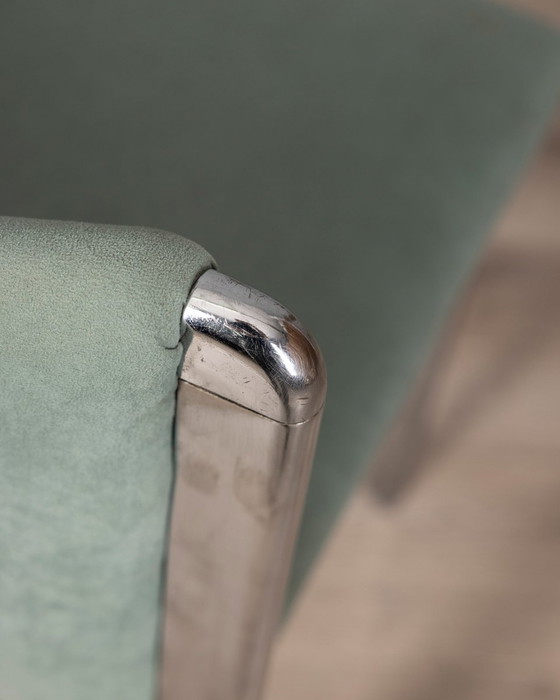 Image 1 of Ensemble de 4 chaises vintage 70S en métal et tissu turquoise design italien