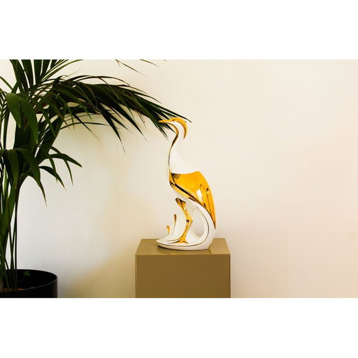 Héron vintage en céramique bassano laquée blanc et or par Ahury, Italie 1970