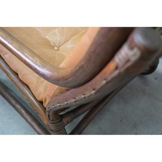 Image 1 of Ensemble de salon vintage en rotin et cuir, Italie, années 1970