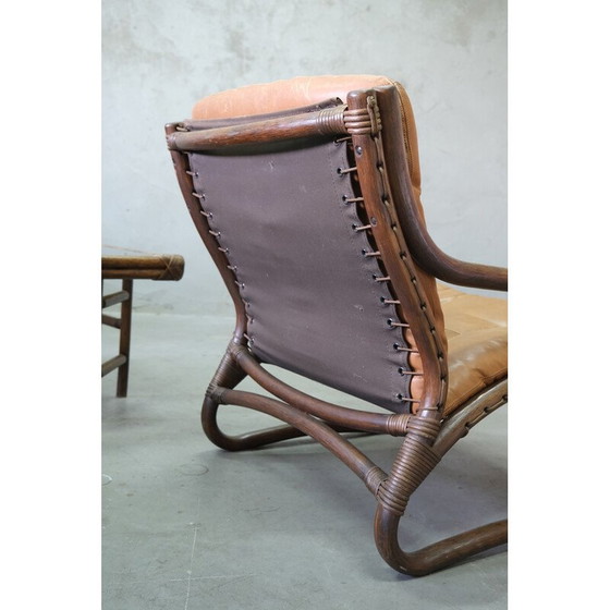 Image 1 of Ensemble de salon vintage en rotin et cuir, Italie, années 1970