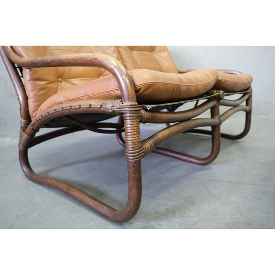 Image 1 of Ensemble de salon vintage en rotin et cuir, Italie, années 1970