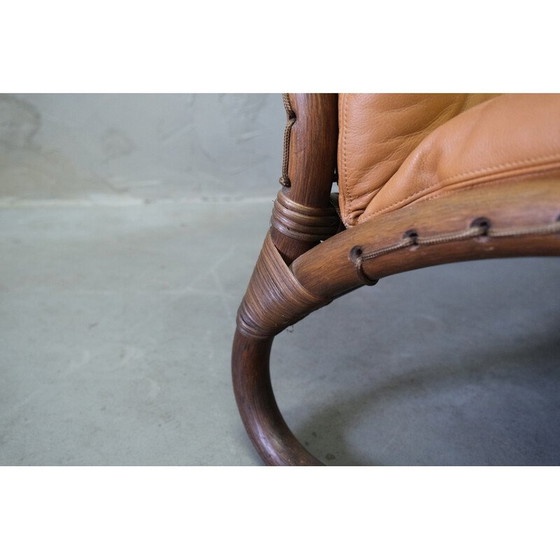 Image 1 of Ensemble de salon vintage en rotin et cuir, Italie, années 1970