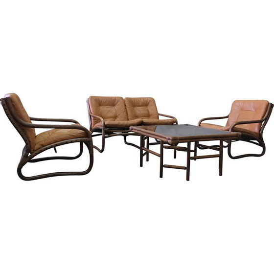 Image 1 of Ensemble de salon vintage en rotin et cuir, Italie, années 1970