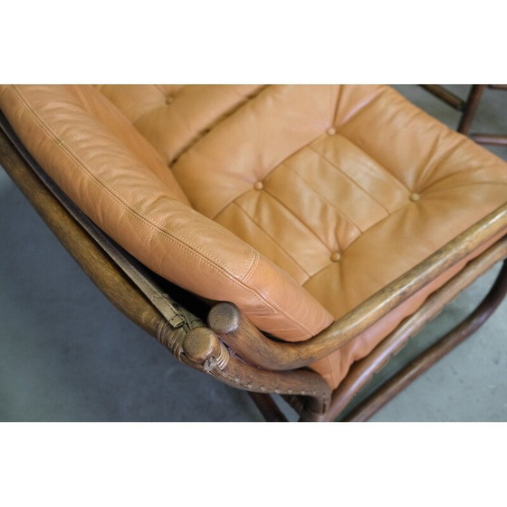 Image 1 of Ensemble de salon vintage en rotin et cuir, Italie, années 1970