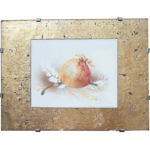 Paire de gravures vintage à l'aquarelle et à la feuille d'or en bois et verre, 1980